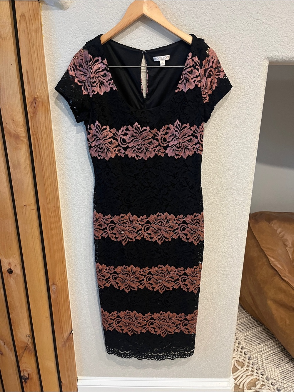 BCBGMaxAzria Black and Dusty Rose Lace Midi Dress